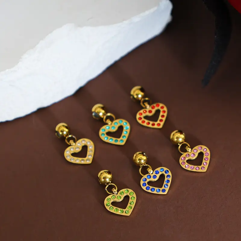 Stainless Steel Heart Pendant Necklace with Colored Diamonds - Image 10