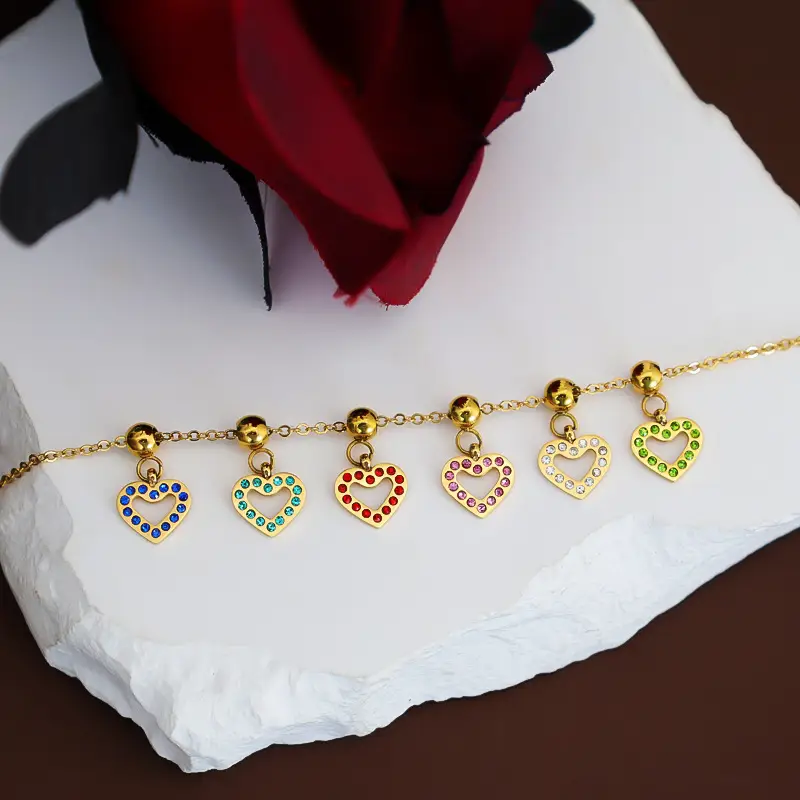 Stainless Steel Heart Pendant Necklace with Colored Diamonds - Image 11
