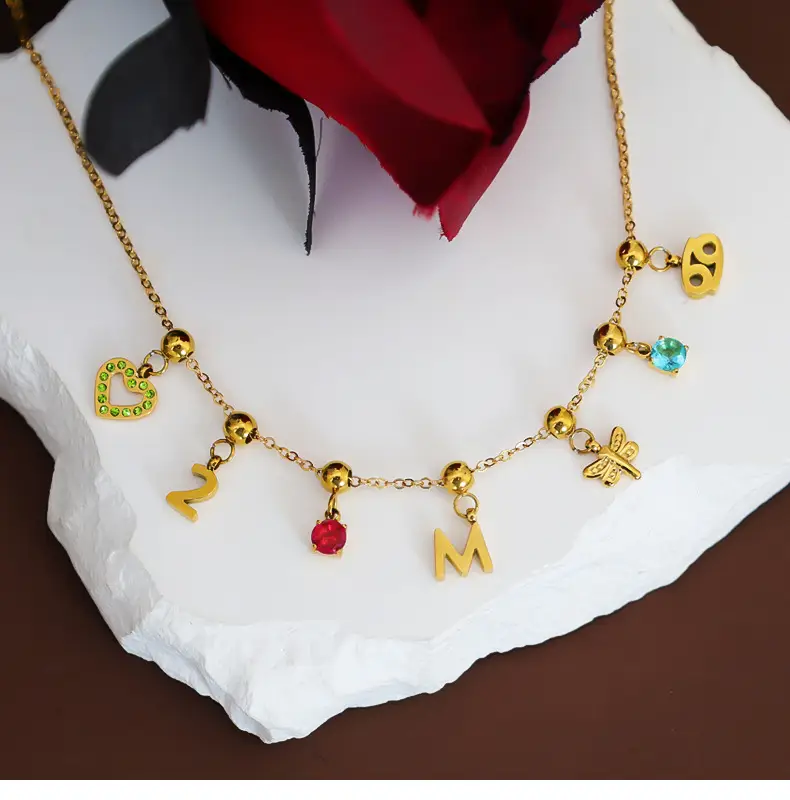 Stainless Steel Heart Pendant Necklace with Colored Diamonds — feature 10