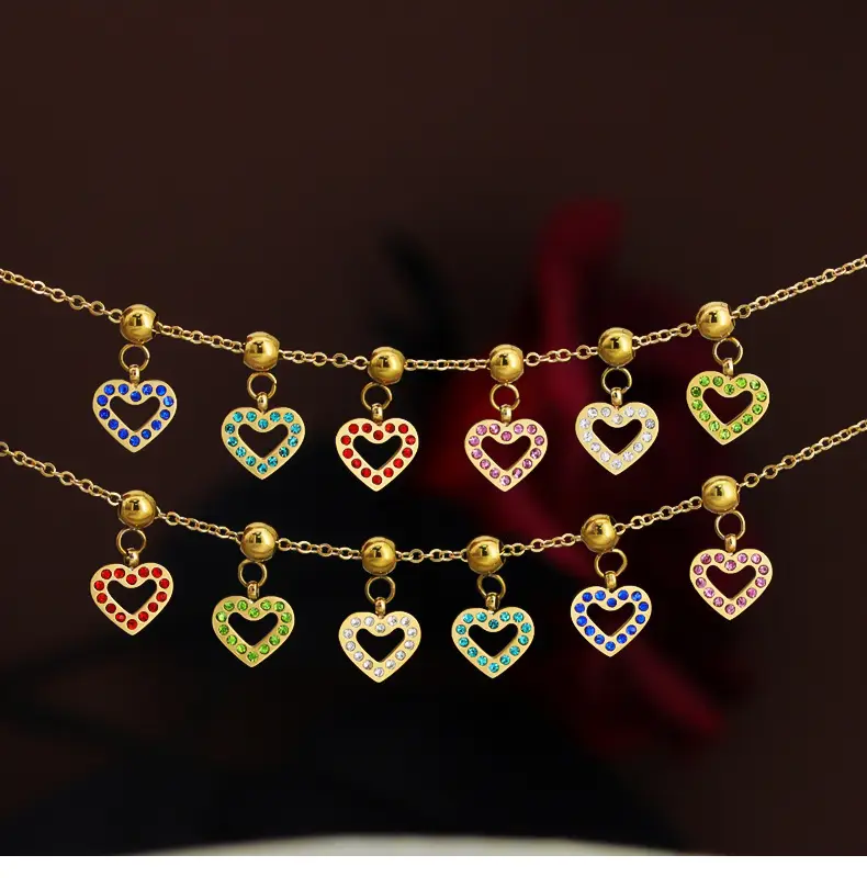 Stainless Steel Heart Pendant Necklace with Colored Diamonds — feature 2