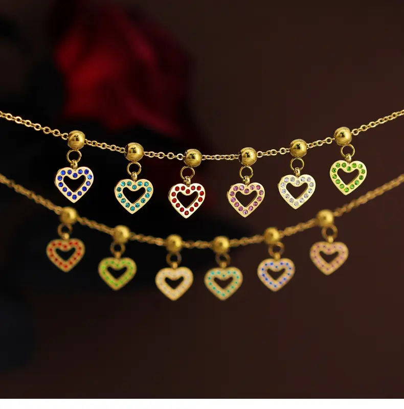 Stainless Steel Heart Pendant Necklace with Colored Diamonds — feature 5