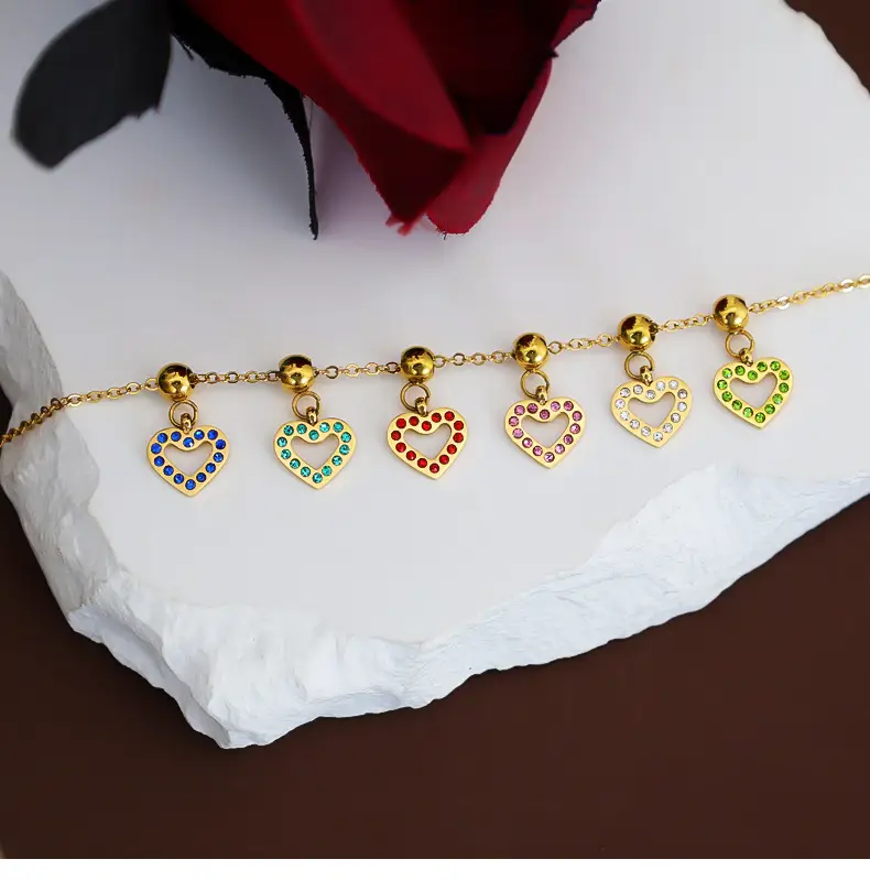 Stainless Steel Heart Pendant Necklace with Colored Diamonds — feature 8