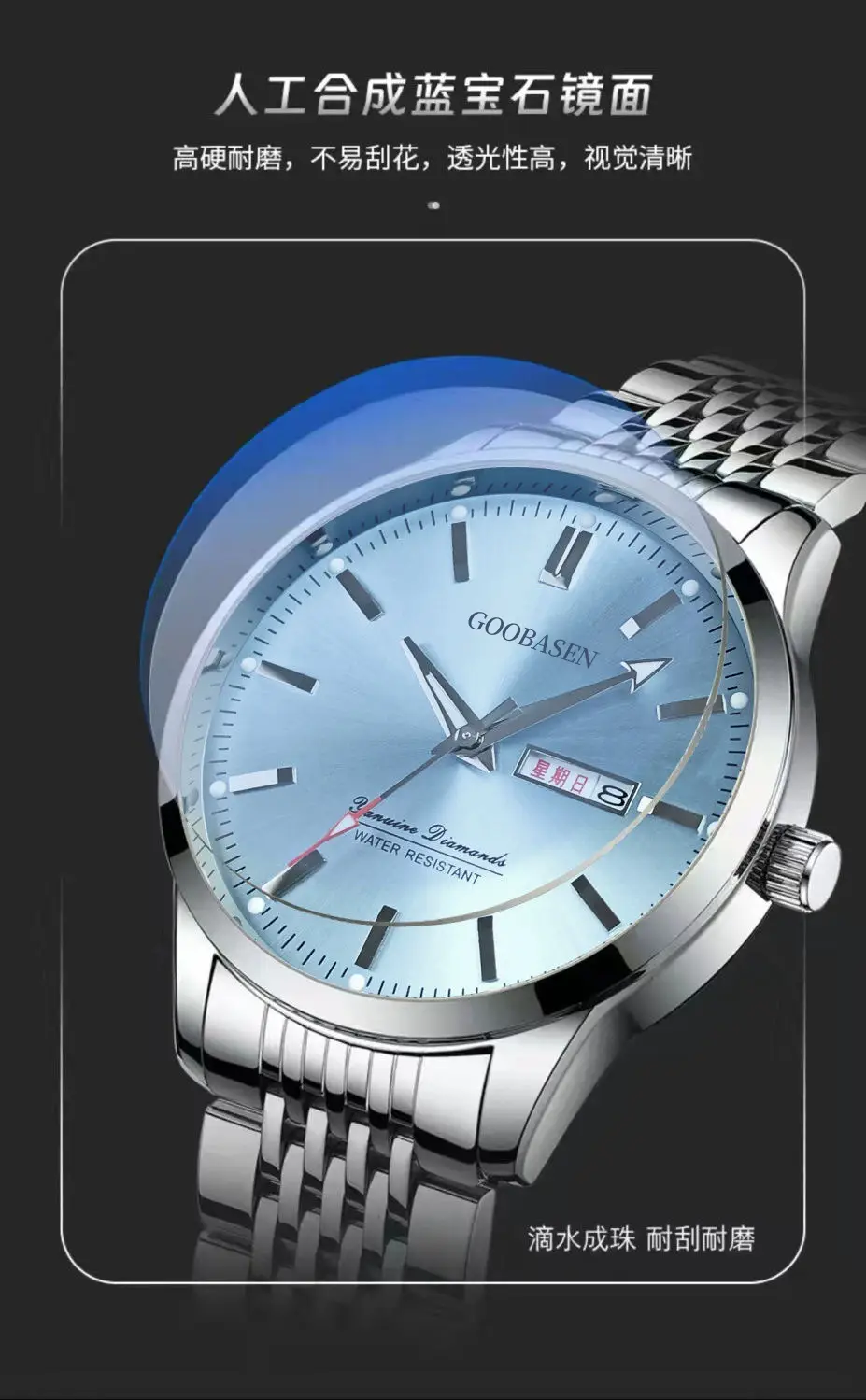 Guberson Men's Stainless Steel Blue Dial Watch — feature 1