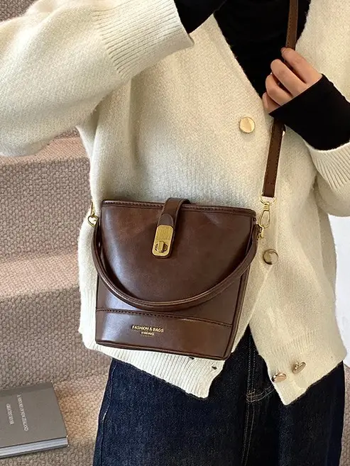 Black Leather Bucket Bag for Women 2024 Winter Shoulder Messenger - Image 5