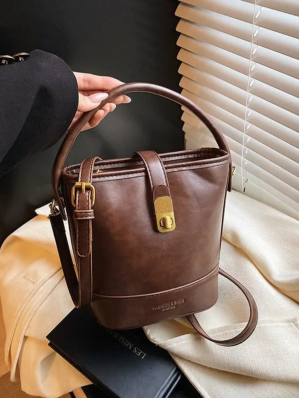 Black Leather Bucket Bag for Women 2024 Winter Shoulder Messenger - Image 6