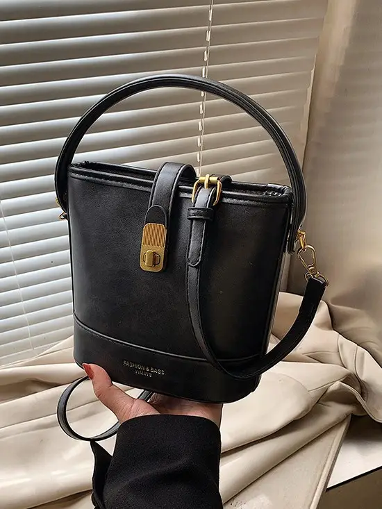 Black Leather Bucket Bag for Women 2024 Winter Shoulder Messenger - Image 8