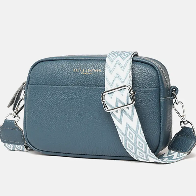 Women's Blue Genuine Leather Crossbody Bag with Vintage Strap