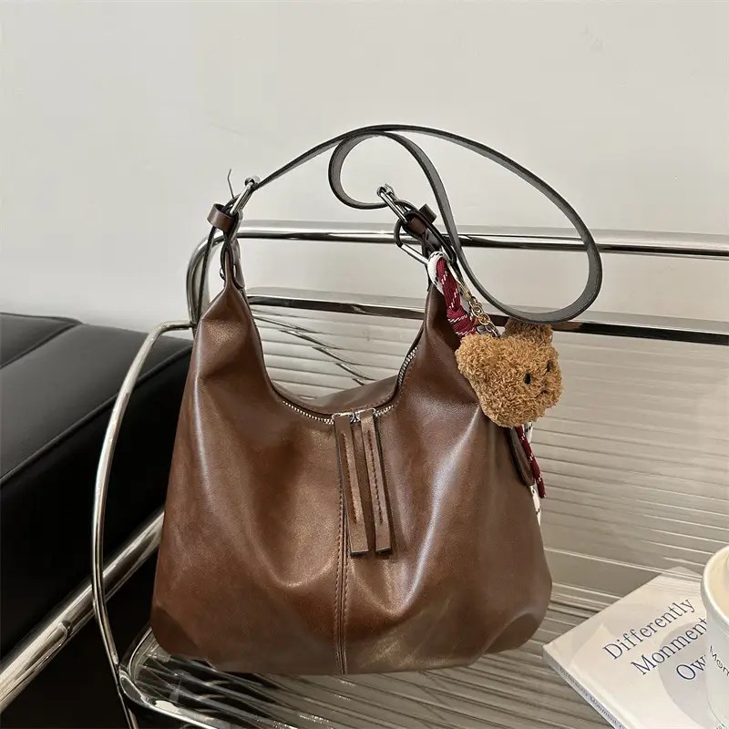 Vintage Brown Leather Shoulder Tote Bag with Pom Pom - Image 7
