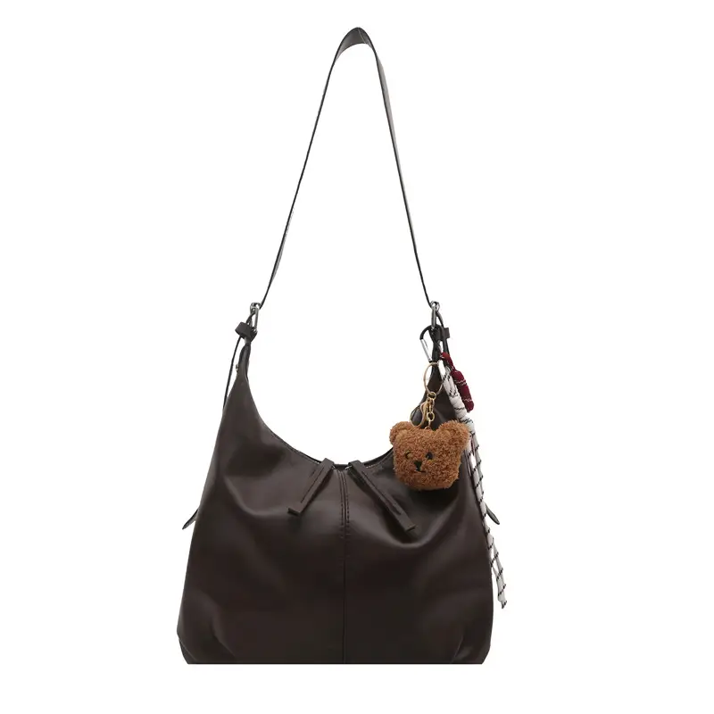 Vintage Brown Leather Shoulder Tote Bag with Pom Pom - Image 8