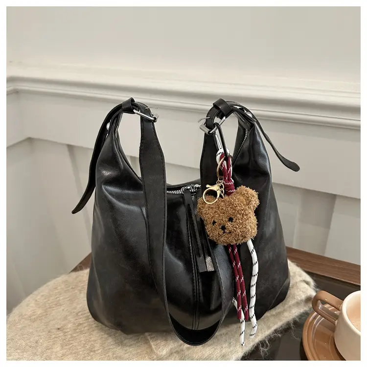 Vintage Brown Leather Shoulder Tote Bag with Pom Pom — feature 18