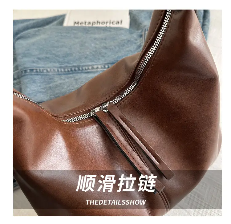 Vintage Brown Leather Shoulder Tote Bag with Pom Pom — feature 6