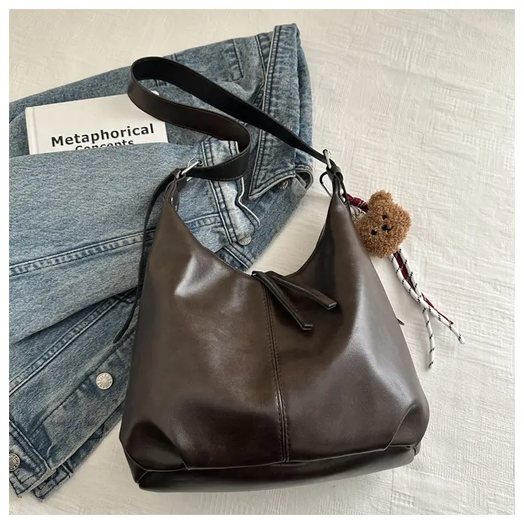 Vintage Brown Leather Shoulder Tote Bag with Pom Pom - Image 2