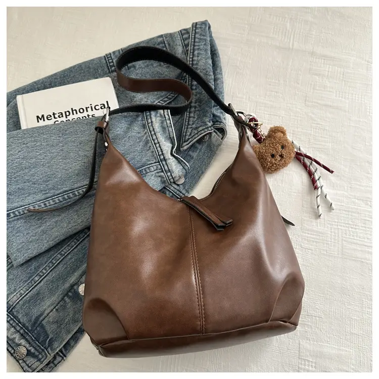 Vintage Brown Leather Shoulder Tote Bag with Pom Pom - Image 3