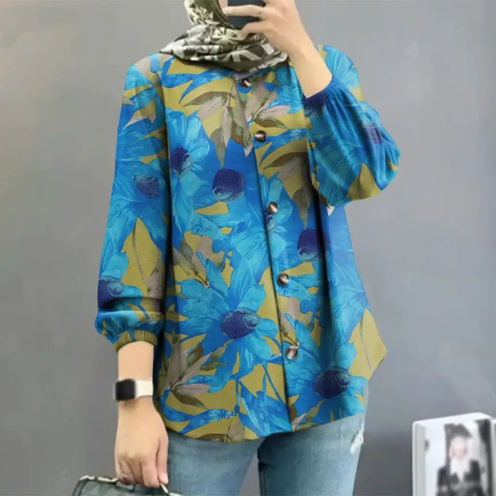 Women Muslim Floral Puff Sleeves Shirt 2025 - Image 5