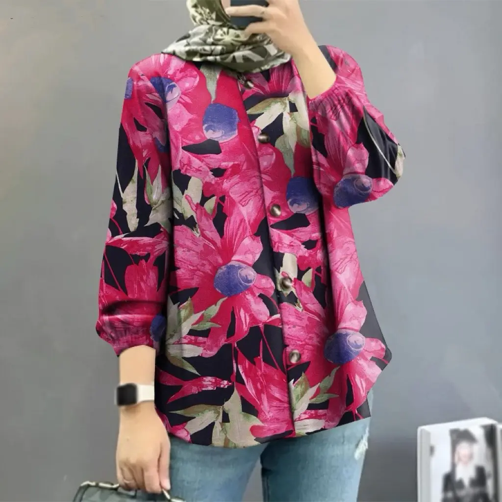 Women Muslim Floral Puff Sleeves Shirt 2025 - Image 7