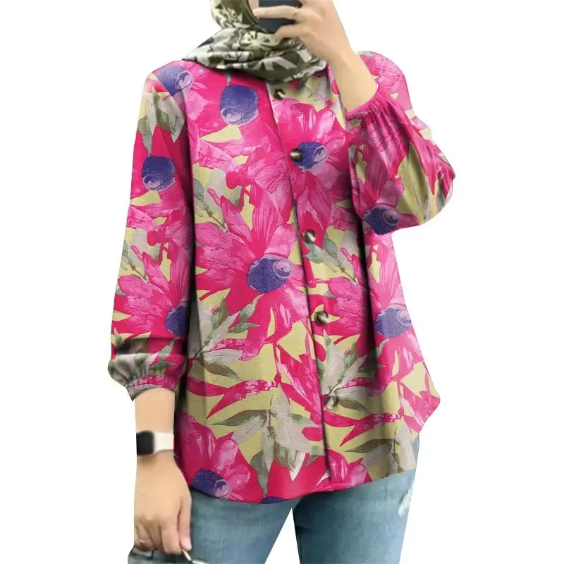 Women Muslim Floral Puff Sleeves Shirt 2025 - Image 8