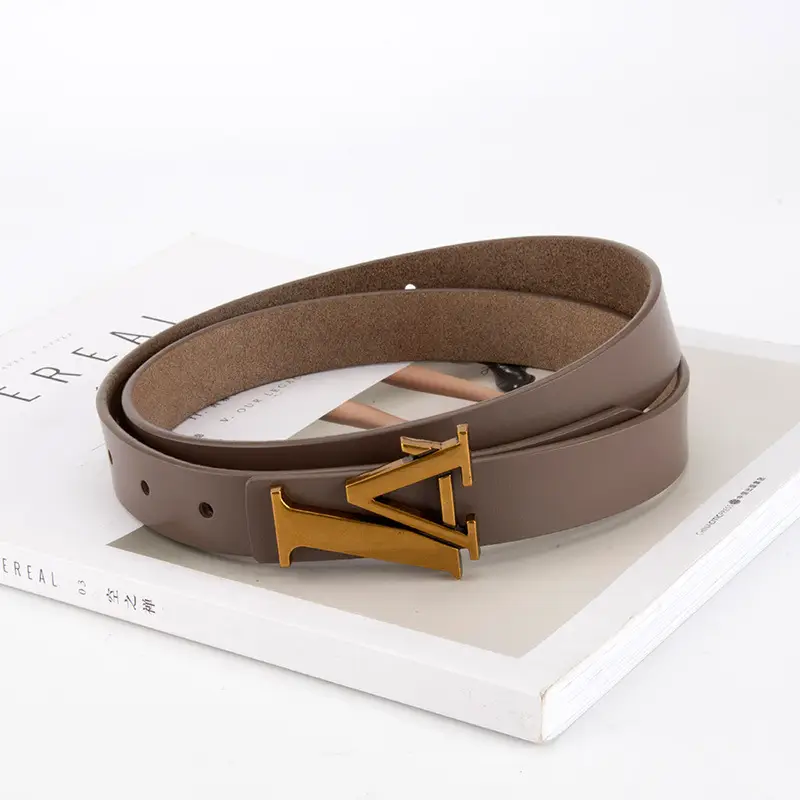 Green Leather Belt with Gold L Buckle for Women - Image 24