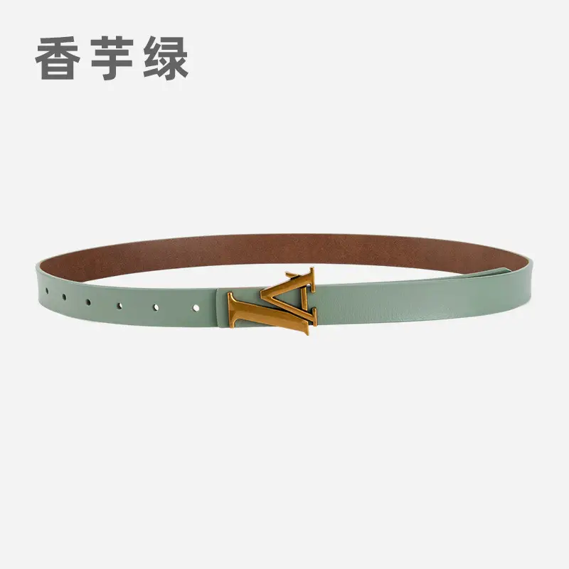 Green Leather Belt with Gold L Buckle for Women - Image 17