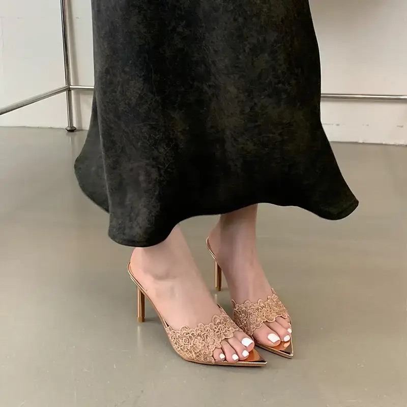 Women Embroidered Stiletto Heels Champagne Gold Spring 2024 - Image 7