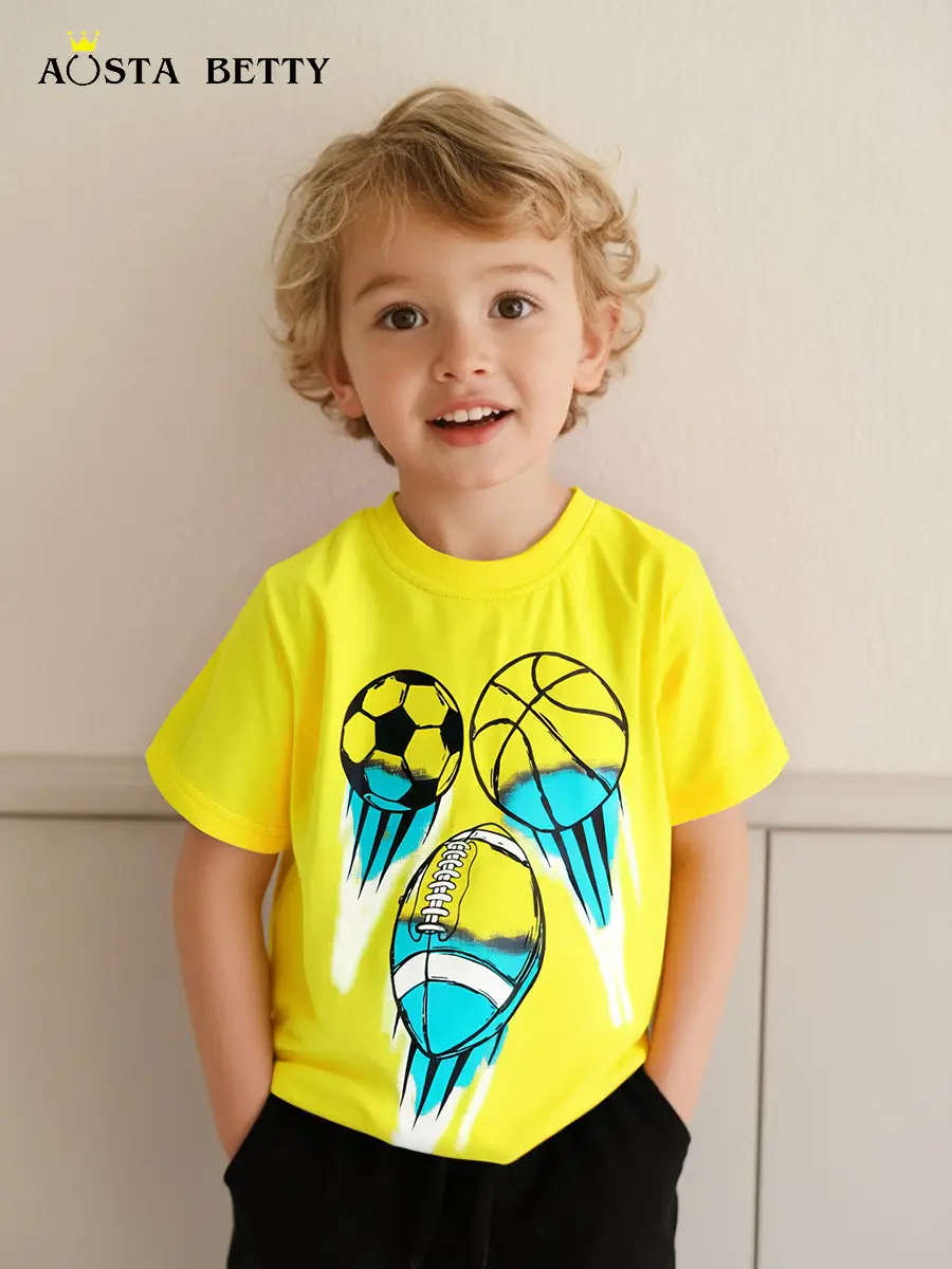 Summer Football Print Boys T-Shirt Yellow Knitted Cotton - Image 2