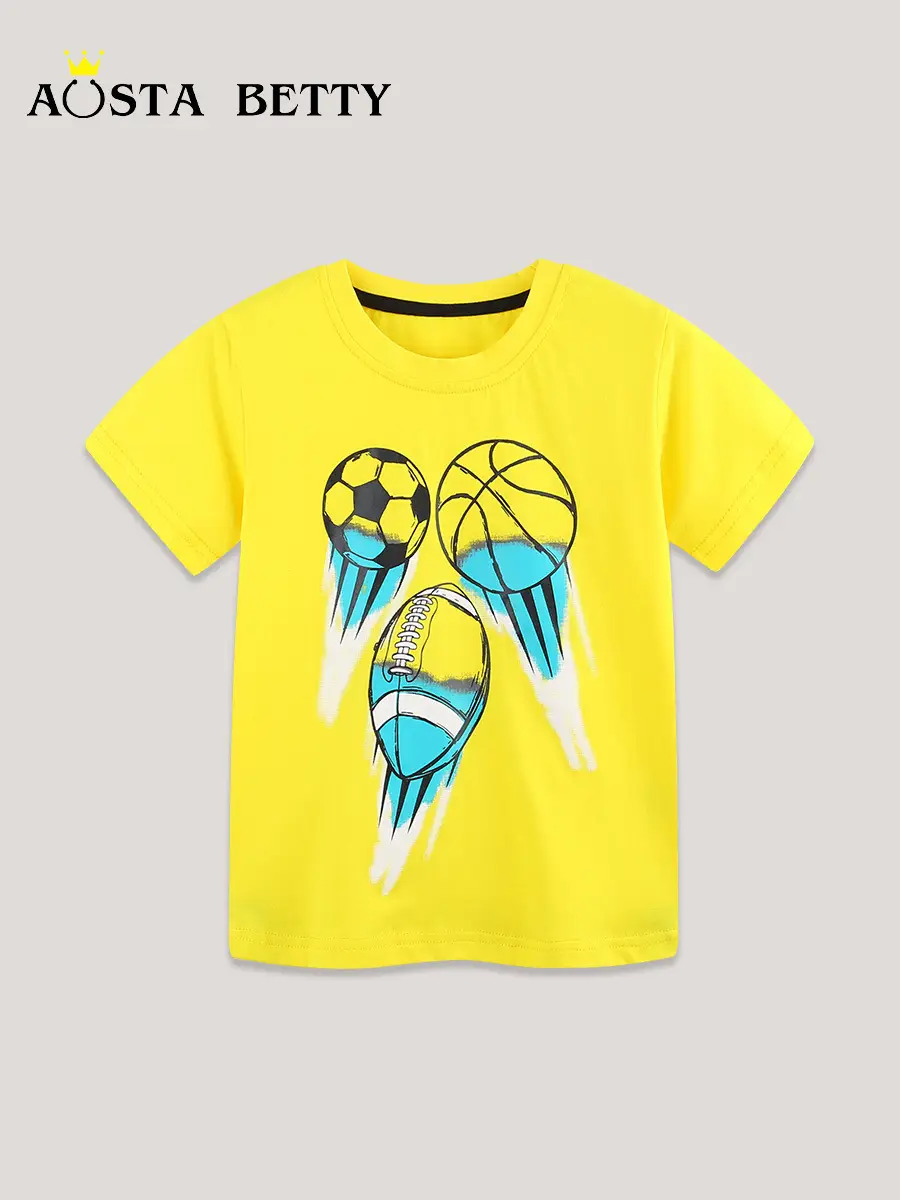 Summer Football Print Boys T-Shirt Yellow Knitted Cotton - Image 3