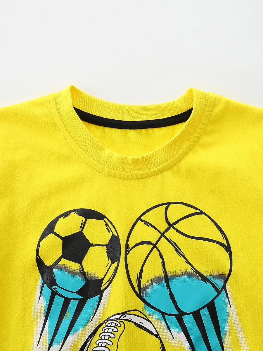 Summer Football Print Boys T-Shirt Yellow Knitted Cotton - Image 6