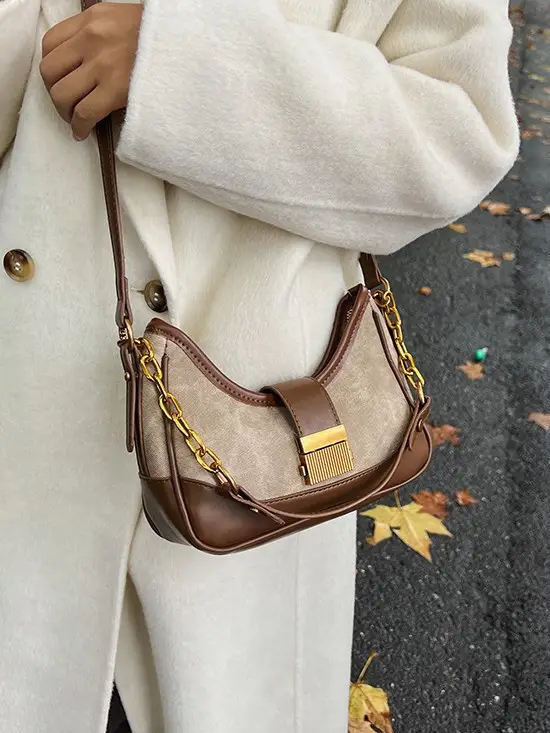 Black Chain Lock Crossbody Bag with Patchwork Design - Image 5