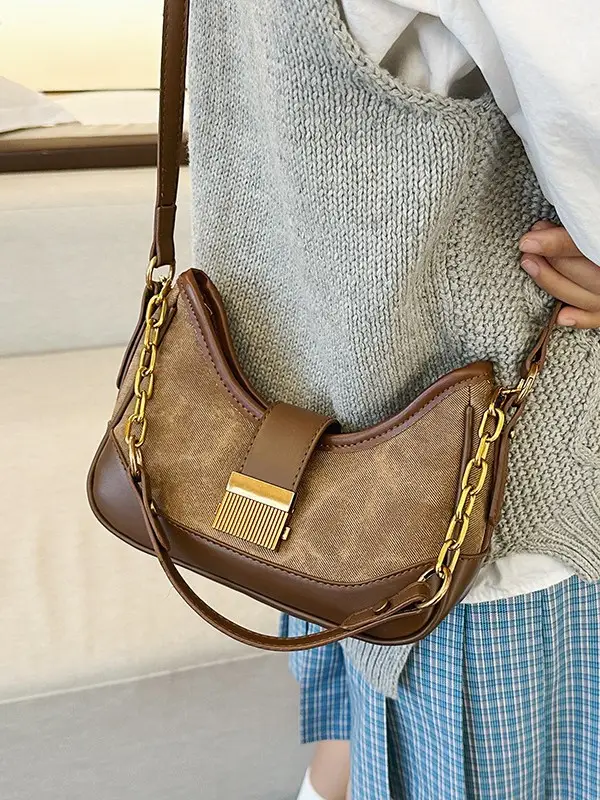 Black Chain Lock Crossbody Bag with Patchwork Design - Image 6