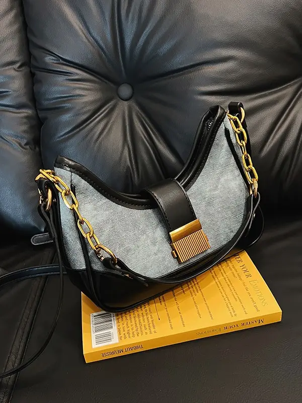 Black Chain Lock Crossbody Bag with Patchwork Design - Image 7