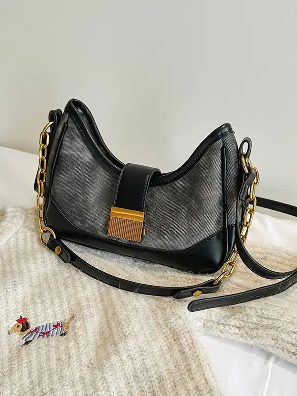 Black Chain Lock Crossbody Bag with Patchwork Design - Image 8