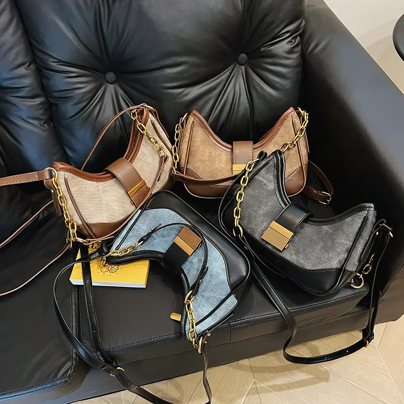 Black Chain Lock Crossbody Bag with Patchwork Design — feature 1