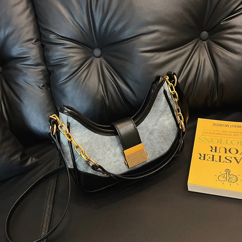 Black Chain Lock Crossbody Bag with Patchwork Design — feature 11