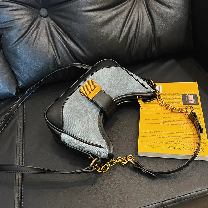 Black Chain Lock Crossbody Bag with Patchwork Design — feature 12
