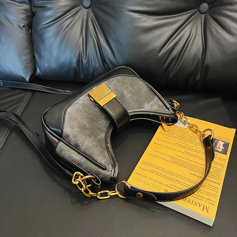 Black Chain Lock Crossbody Bag with Patchwork Design — feature 14