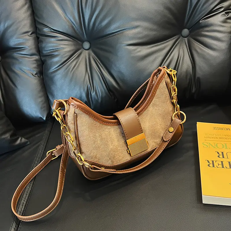 Black Chain Lock Crossbody Bag with Patchwork Design — feature 17