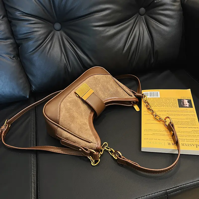 Black Chain Lock Crossbody Bag with Patchwork Design — feature 18