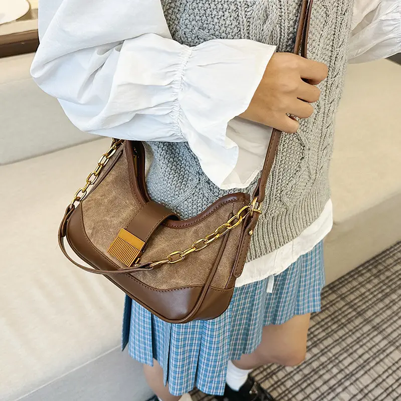 Black Chain Lock Crossbody Bag with Patchwork Design — feature 21
