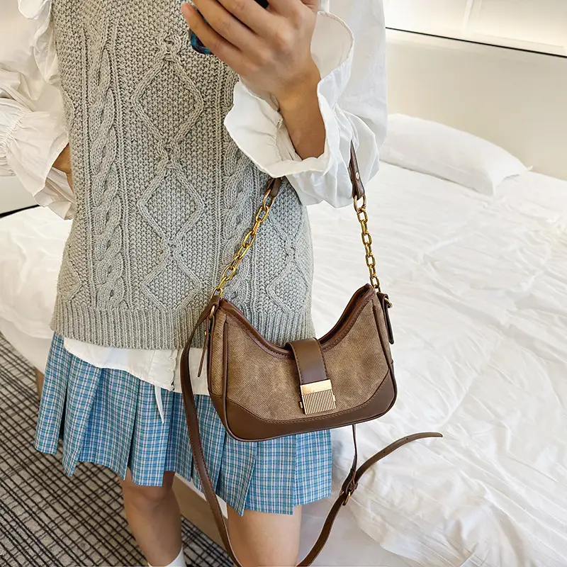 Black Chain Lock Crossbody Bag with Patchwork Design — feature 22