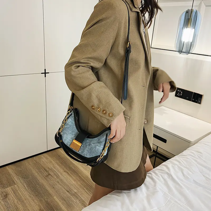 Black Chain Lock Crossbody Bag with Patchwork Design — feature 25