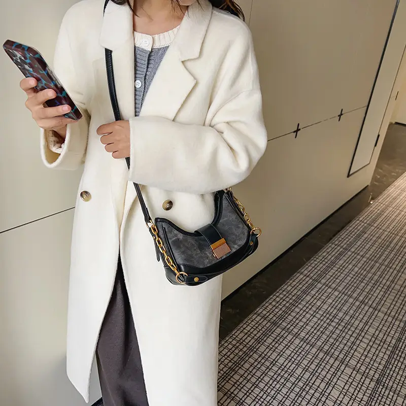 Black Chain Lock Crossbody Bag with Patchwork Design — feature 27