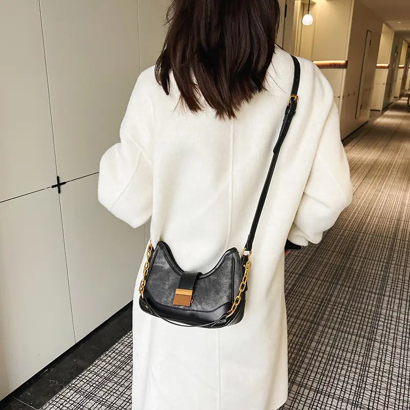 Black Chain Lock Crossbody Bag with Patchwork Design — feature 28