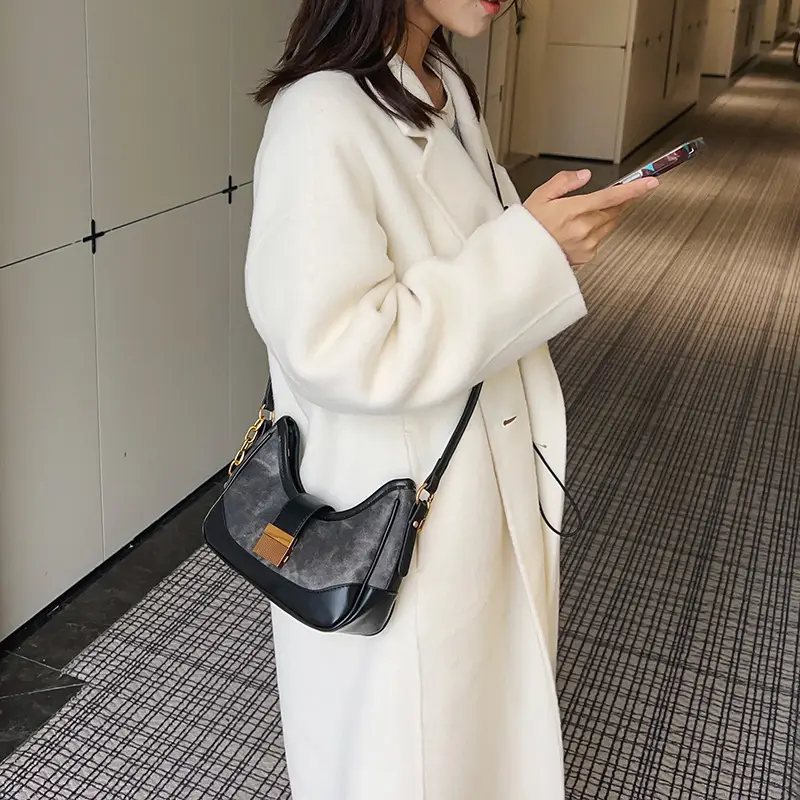 Black Chain Lock Crossbody Bag with Patchwork Design — feature 29