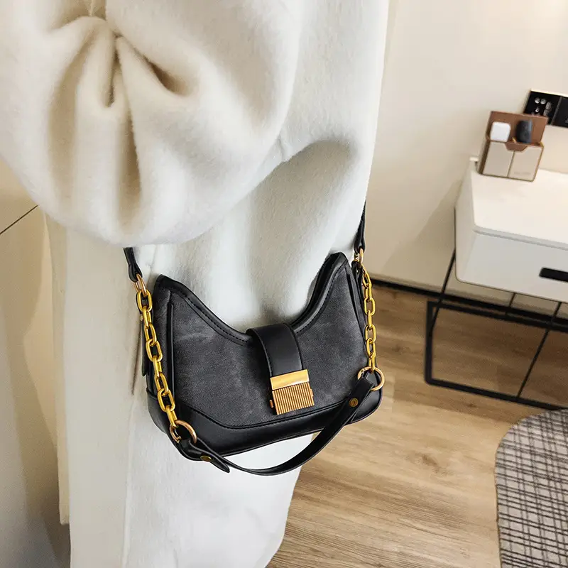 Black Chain Lock Crossbody Bag with Patchwork Design — feature 30