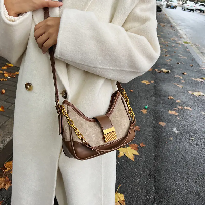 Black Chain Lock Crossbody Bag with Patchwork Design — feature 31