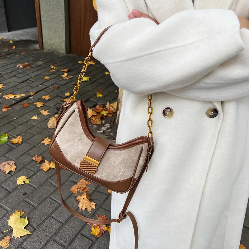 Black Chain Lock Crossbody Bag with Patchwork Design — feature 34