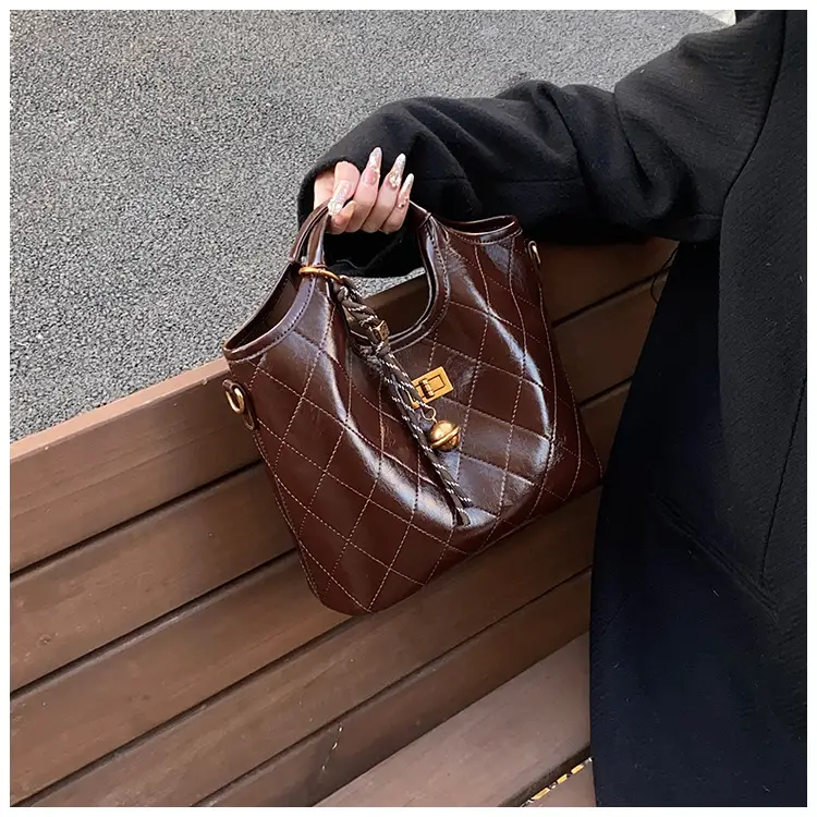 Vintage Brown Diamond Lattice Shoulder Bag for Women — feature 18