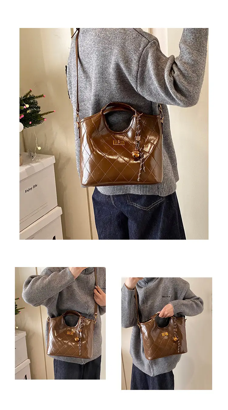 Vintage Brown Diamond Lattice Shoulder Bag for Women — feature 8