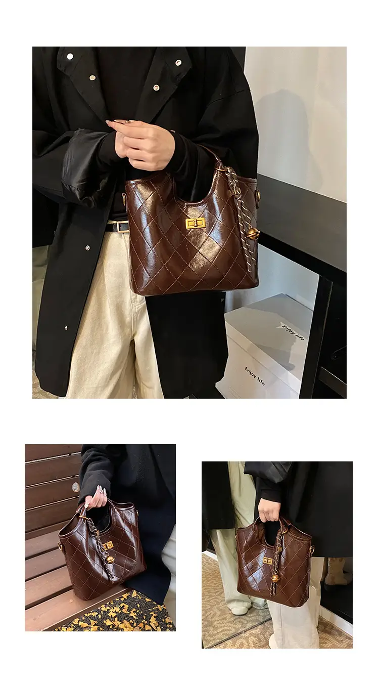 Vintage Brown Diamond Lattice Shoulder Bag for Women — feature 9
