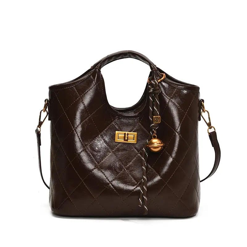 Vintage Brown Diamond Lattice Shoulder Bag for Women - Image 3