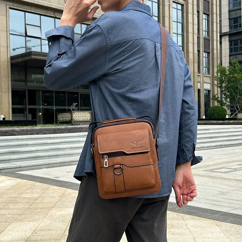 Men's Black Leather Crossbody Shoulder Bag with Zip Pockets - Image 4